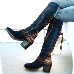 Freebird navy suede lace up coal heeled boots